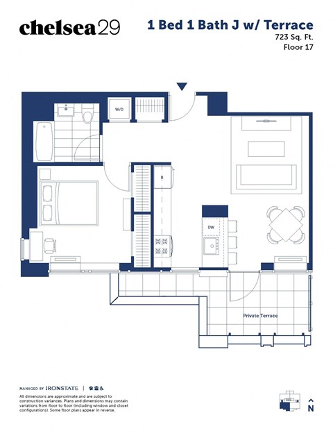 Floor plan for 1 bed, 1 bath, 723 sqft